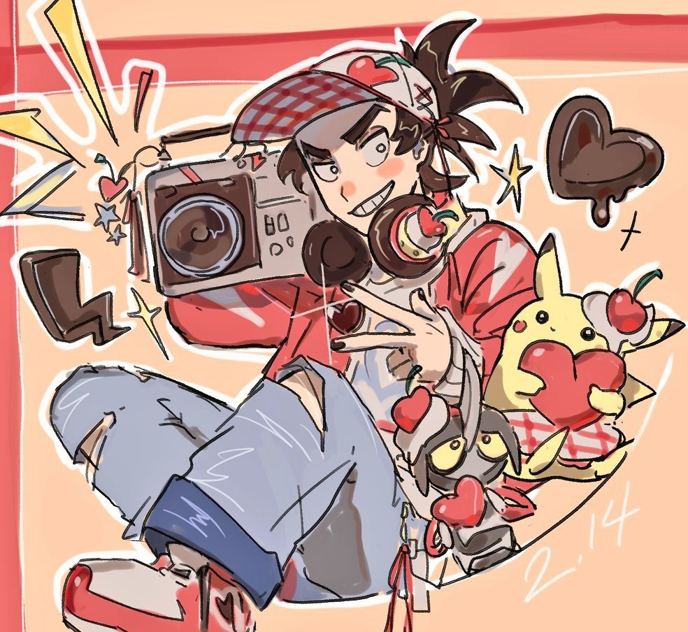 homes3eethome, giacomo (pokemon), pawniard, pikachu, nintendo, pokemon, pokemon sv, 1boy, alternate costume, baseball cap, black eyes, black hair, black nails, border, candy, cherry, chocolate, chocolate heart, dated, food, fruit, full body, gen 1 pokemon, gen 5 pokemon, grey pants, grin, hat, headphones, heart, heart-shaped food, holding boombox, jacket, long sleeves, looking at viewer, male focus, open clothes, open jacket, orange background, pants, pink shoes, pointy hair, pokemon (creature), red border, red jacket, shoes, short hair, simple background, sitting, smile, torn clothes, torn pants, updo, w, yellow fur