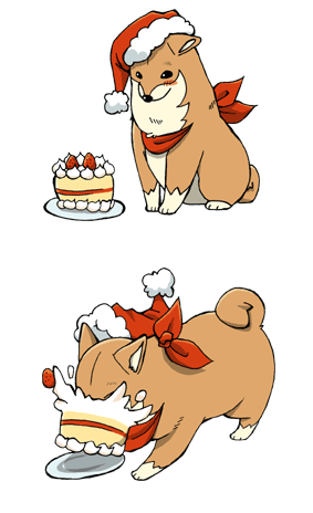 nu tarou, lowres, animal, animal focus, bandana, blush, cake, christmas, dog, food, fruit, hat, no humans, pastry, santa hat, shiba inu, strawberry