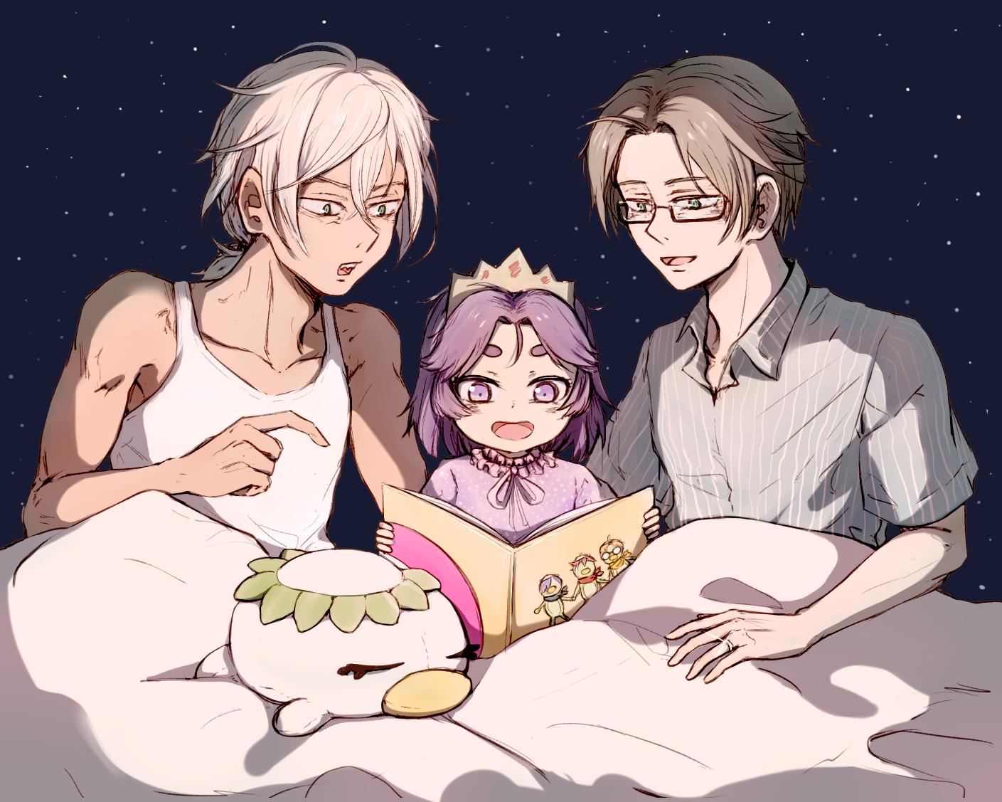 akutsu mabu, azuma sara, jinnai enta, keppi, kuji toi, niiboshi reo, yasaka kazuki, sarazanmai, commentary, english commentary, 1girl, 2boys, adam's apple, bedtime story, brown hair, collared shirt, crown, multiple boys, open mouth, pajamas, purple eyes, purple hair, rectangular eyewear, riripii, shirt, tank top, thick eyebrows, under covers, white tank top