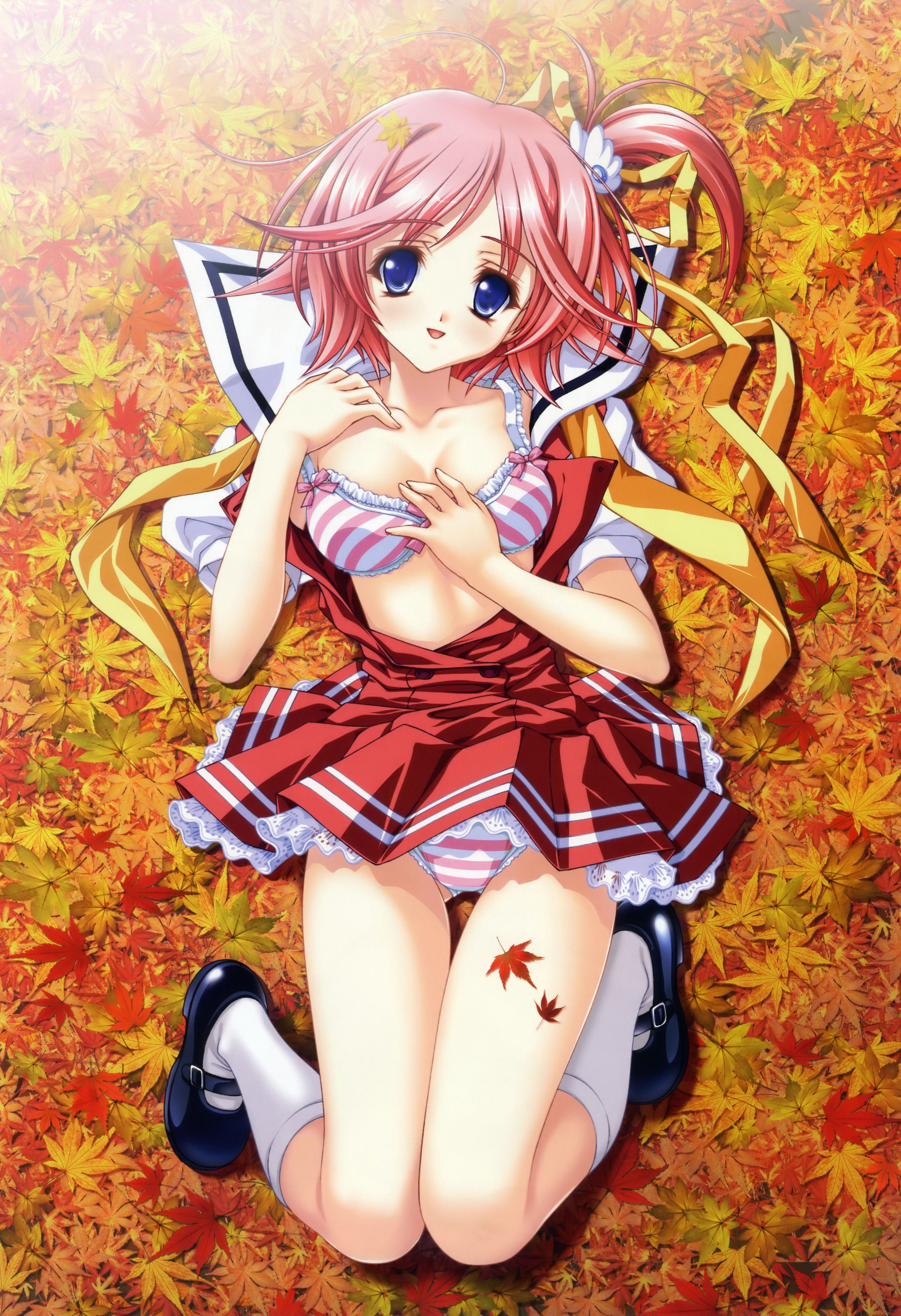 sakashita fubuki, amano kotori, dengeki hime, kokoro hokenshitsu, absurdres, highres, official art, scan, 1girl, :d, autumn, blue eyes, blush, bow, bow bra, bra, clothes lift, dress, dress lift, female focus, from above, full body, hair ornament, hair ribbon, knees together feet apart, lace, leaf, lingerie, loafers, lying, nature, necktie, on back, open clothes, open mouth, open shirt, outdoors, panties, pantyshot, pink bra, pink hair, pink panties, ponytail, red hair, ribbon, school uniform, serafuku, shirt, shoes, short dress, short hair, side ponytail, smile, socks, solo, striped bra, striped clothes, striped panties, thigh gap, thighs, underwear