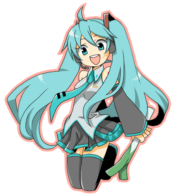 nu tarou, hatsune miku, vocaloid, bad id, bad pixiv id, lowres, ahoge, blue eyes, blue hair, necktie, skirt, smile, solo, spring onion, thighhighs, twintails