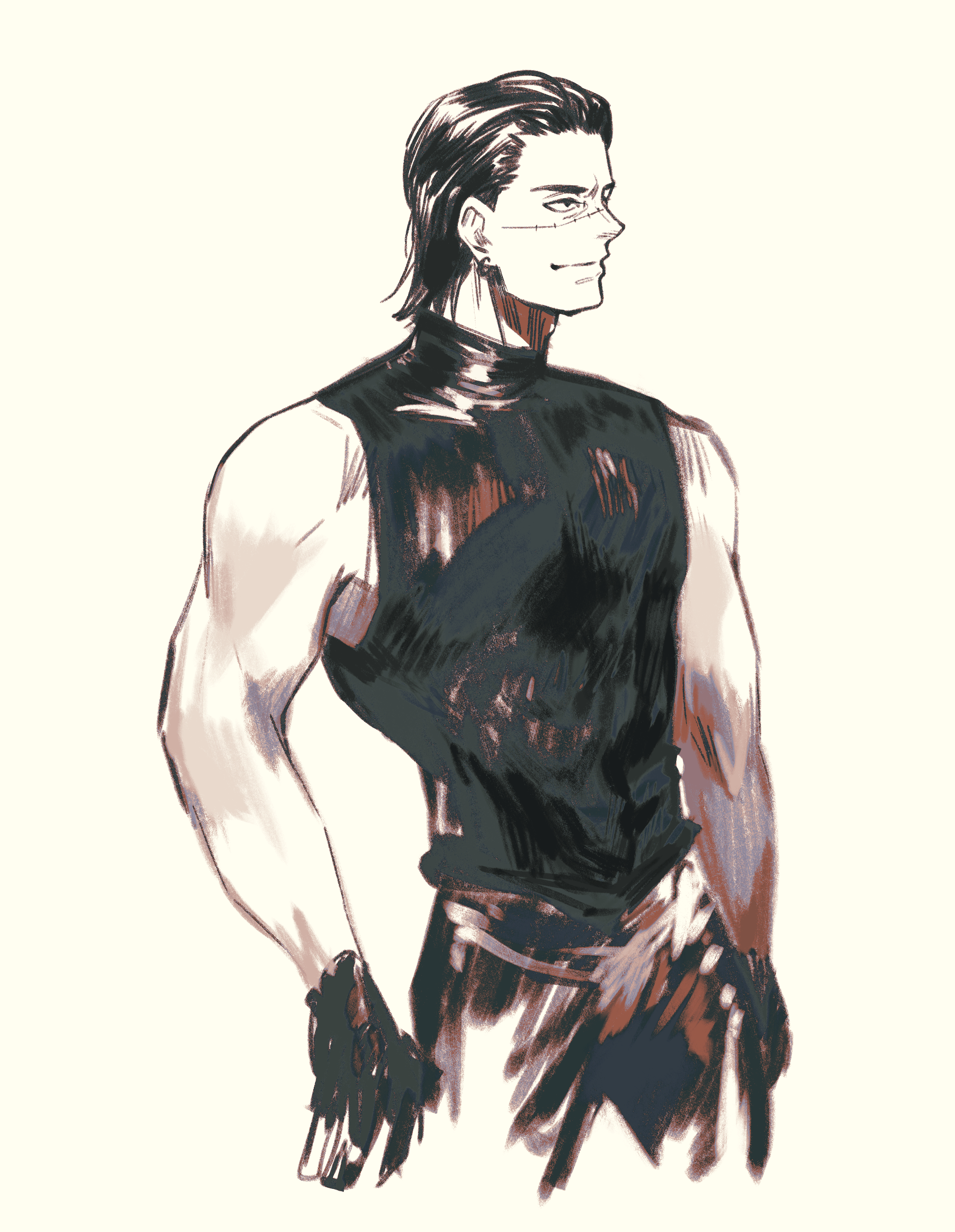 ngumngim, crocodile (one piece), one piece, absurdres, commentary request, highres, 1boy, cropped legs, earrings, hair slicked back, jewelry, male focus, monochrome, shirt, short hair, simple background, sleeveless, sleeveless shirt, smile, solo, stitched face, stitches, thai commentary