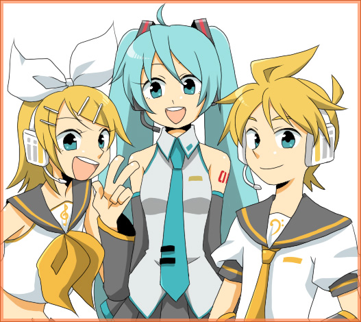 nu tarou, hatsune miku, kagamine len, kagamine rin, vocaloid, bad id, bad pixiv id, 1boy, 2girls, ahoge, blonde hair, blue eyes, blue hair, bow, brother and sister, hair bow, hair ornament, hairpin, headset, multiple girls, necktie, siblings, smile, twins