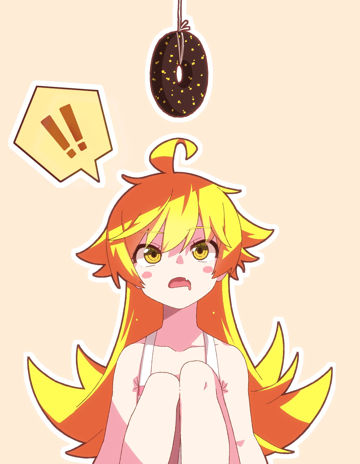 niikura hisui, oshino shinobu, monogatari (series), highres, !, !!, ahoge, apron, arms at sides, blonde hair, blush stickers, chocolate donut, collarbone, donut, dot nose, drooling, fang, feet out of frame, flipped hair, food, hair flaps, knees to chest, knees up, long hair, looking up, mouth drool, open mouth, outline, ringed eyes, shade, sitting, speech bubble, straight-on, string, upper body, very long hair, white apron, white outline, yellow eyes