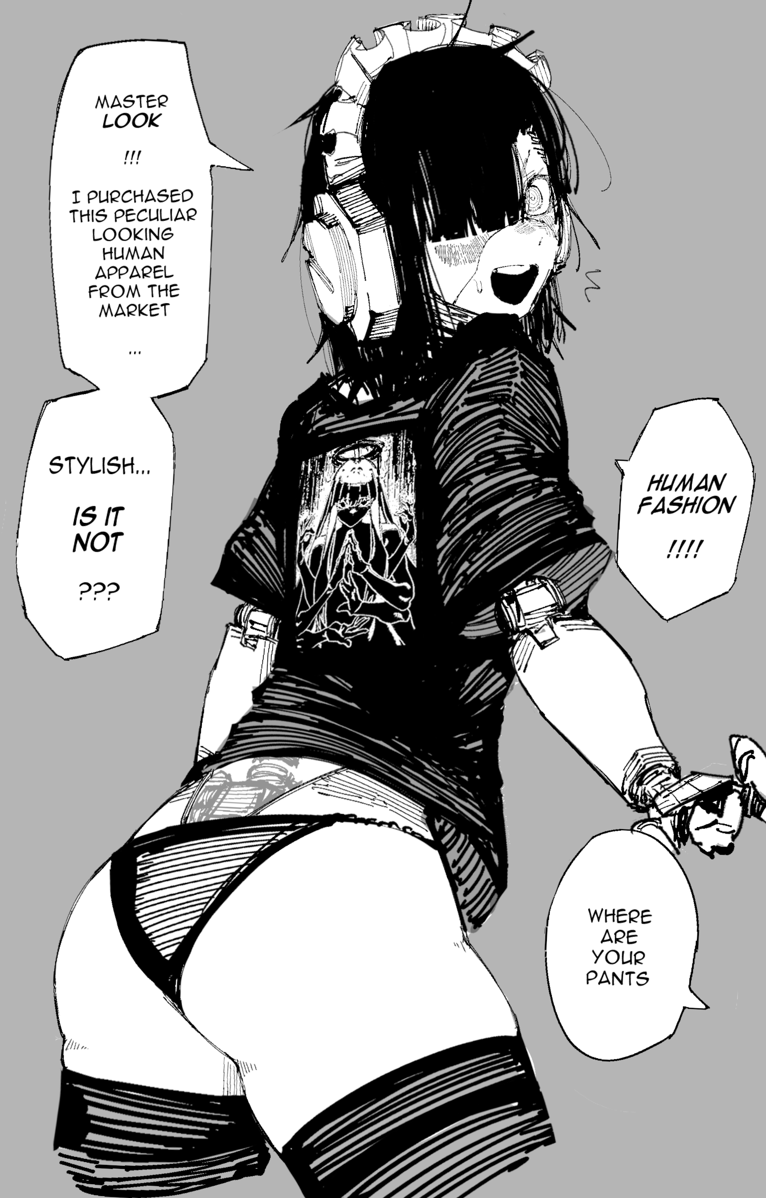 10 4 (10f0ur), original, absurdres, commentary, english commentary, highres, 1girl, ^^^, ad, android, ass, bikini, bikini bottom only, black shirt, blunt bangs, blush, c-bas, cropped legs, english text, from behind, grey background, greyscale, hair over one eye, joints, looking at viewer, looking back, maid headdress, mechabare, mechanical hands, medium hair, messy hair, monochrome, no pants, open mouth, print shirt, robot girl, robot joints, shirt, short sleeves, simple background, solo, speech bubble, sweatdrop, swimsuit, t-shirt, teeth, thighhighs, upper teeth only