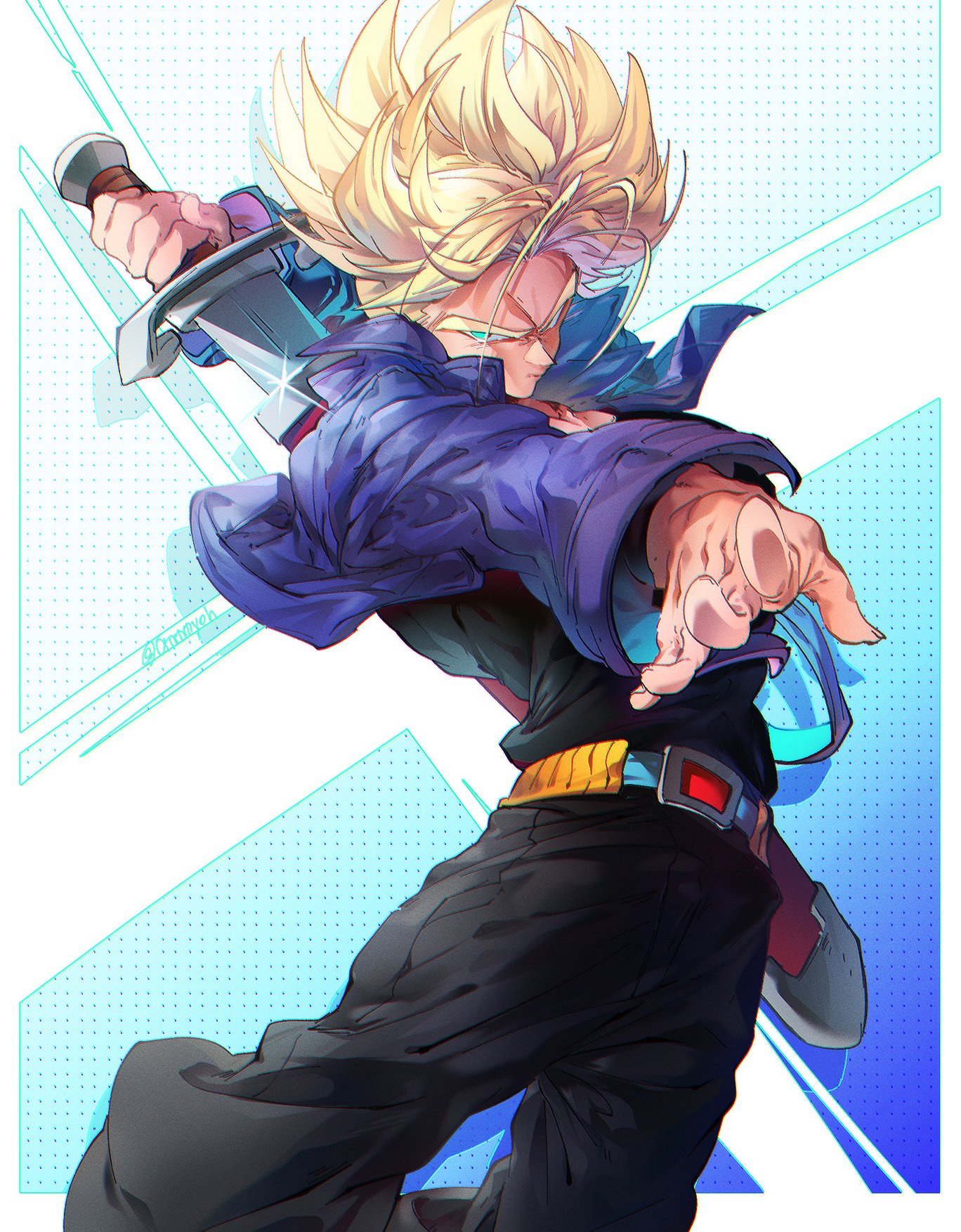 ommmyoh, trunks (dragon ball), trunks (future) (dragon ball), dragon ball, dragonball z, highres, 1boy, belt, black pants, black shirt, blonde hair, blue jacket, cowboy shot, cropped jacket, green eyes, holding, holding sword, holding weapon, jacket, male focus, open clothes, open jacket, pants, shirt, short hair, solo, spiked hair, sword, sword on back, weapon, weapon on back