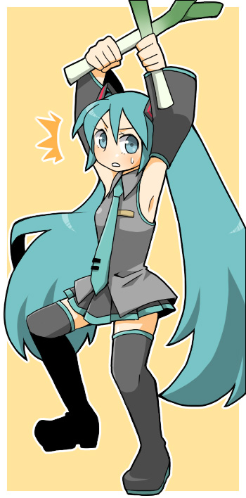 nu tarou, hatsune miku, vocaloid, bad id, bad pixiv id, armpits, blue eyes, blue hair, boots, detached sleeves, dual wielding, holding, long hair, necktie, skirt, solo, spring onion, thigh boots, thighhighs, twintails, very long hair