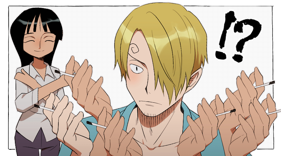 p5naq pv, nico robin, sanji (one piece), one piece, 1boy, 1girl, black hair, blonde hair, cigarette, curly eyebrows, dark-skinned female, dark skin, extra arms, facial hair, hair over one eye, holding, holding cigarette