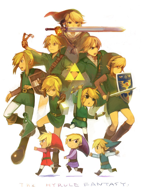 uichi, ezlo, link, toon link, young link, nintendo, the legend of zelda, the legend of zelda: a link to the past, the legend of zelda: four swords, the legend of zelda: ocarina of time, the legend of zelda: oracle of ages, the legend of zelda: the minish cap, the legend of zelda: the wind waker, the legend of zelda: twilight princess, the legend of zelda (nes), bad id, bad pixiv id, character request, 6+boys, age difference, aged up, arm up, bare legs, belt, blonde hair, blue eyes, blue tunic, boomerang, child, elementary school age, english text, everyone, green tunic, hat, holding, holding sword, holding weapon, male focus, master sword, multiple boys, multiple persona, pantyhose, pointy ears, purple tunic, red tunic, shield, simple background, slingshot (weapon), sword, teenage boy and younger boy, time paradox, toddler, triforce, tunic, weapon, white background