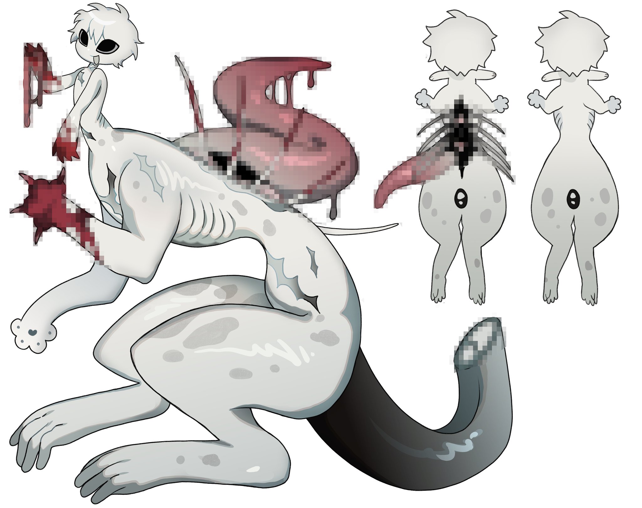 original, commentary, english commentary, highres, 1boy, black eyes, blood, blood on hands, censored, centauroid, claws, colored skin, dilnyan03, male focus, monster boy, mosaic censoring, multiple views, ribs, scar, scar on arm, scar on chest, scar on stomach, short hair, simple background, tail, taur, tentacles, white background, white hair, white skin