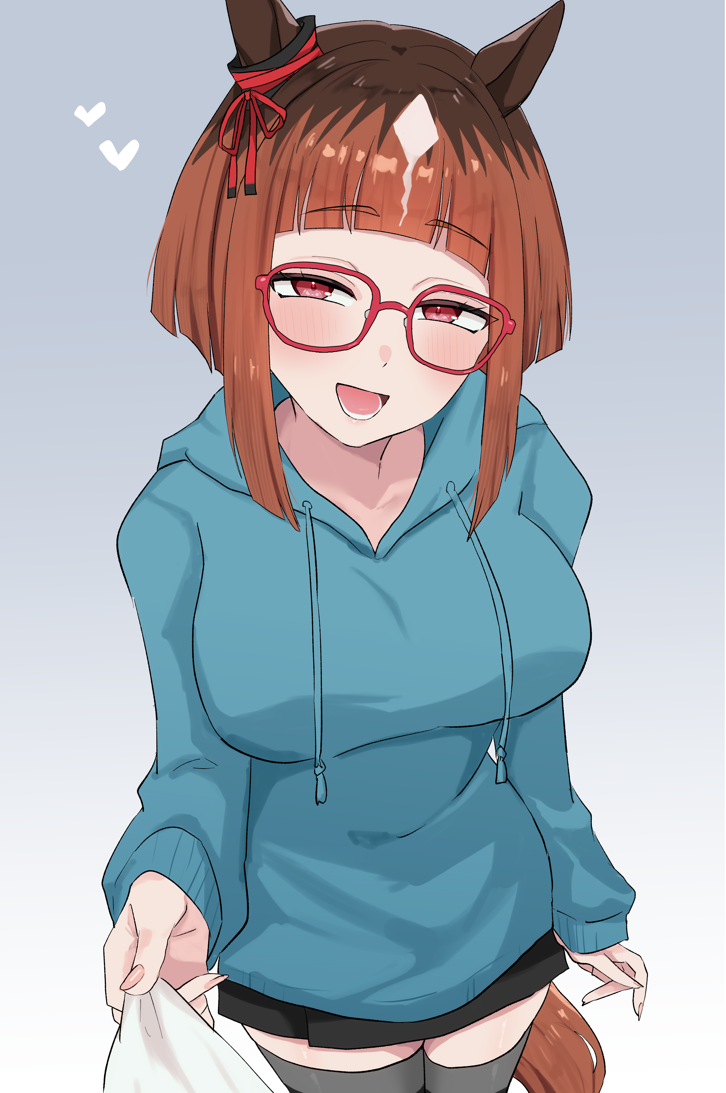 nitsutomeo shinobu, transcend (umamusume), umamusume, absurdres, commentary request, highres, 1girl, 1other, :d, animal ears, black thighhighs, blue hoodie, blush, bow, breasts, brown hair, ear ribbon, glasses, gradient background, grey background, heart, hood, hood down, hoodie, horse ears, horse girl, horse tail, large breasts, looking at viewer, medium hair, open mouth, red-framed eyewear, red eyes, red ribbon, ribbon, smile, solo focus, tail, thighhighs, white background, zettai ryouiki