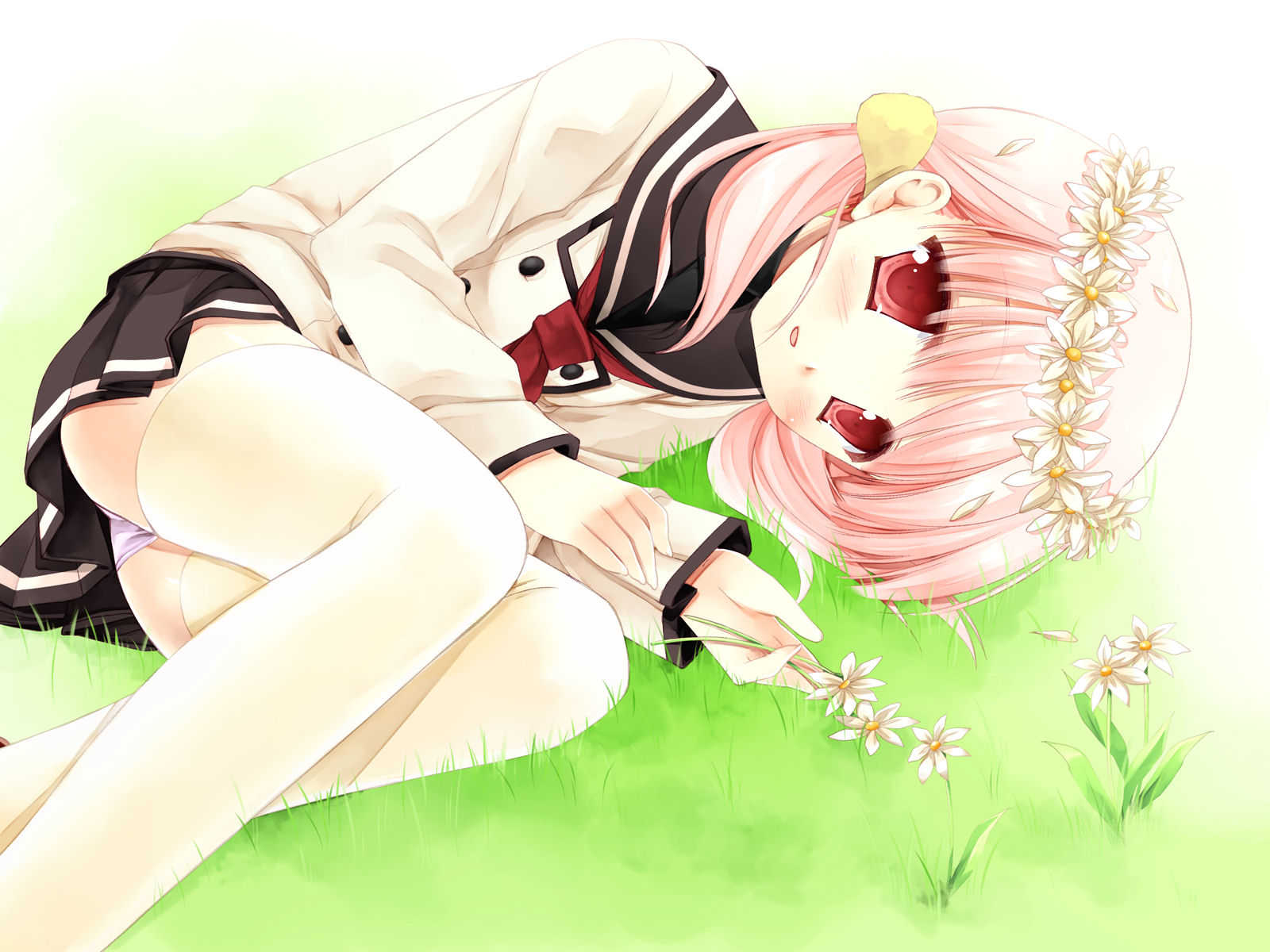 miyasu risa, kiriyama sakura, sakura musubi, highres, jpeg artifacts, 1girl, female focus, flower, grass, head wreath, light smile, lying, on side, panties, pink hair, purple panties, red eyes, school uniform, solo, thighhighs, underwear