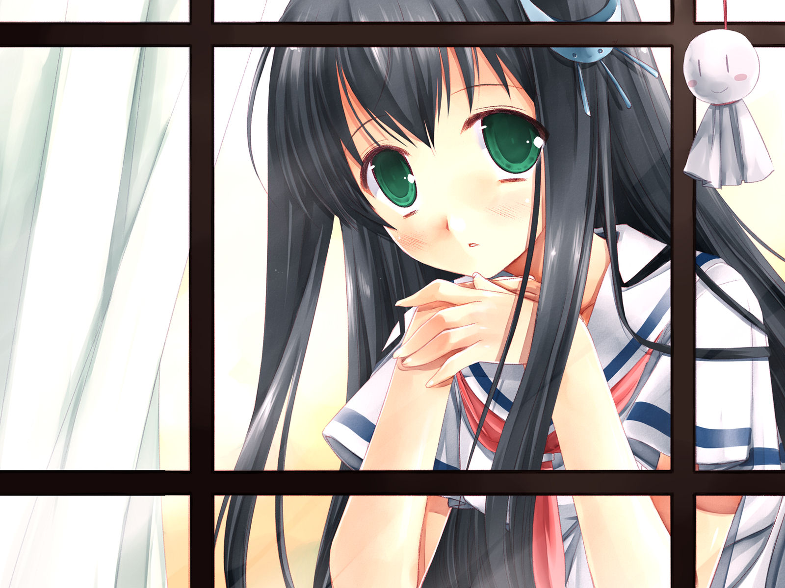chiyokawa rin, amesarasa, highres, 1girl, black hair, female focus, green eyes, hair ornament, hairclip, looking outside, own hands together, school uniform, solo, teruterubouzu, window