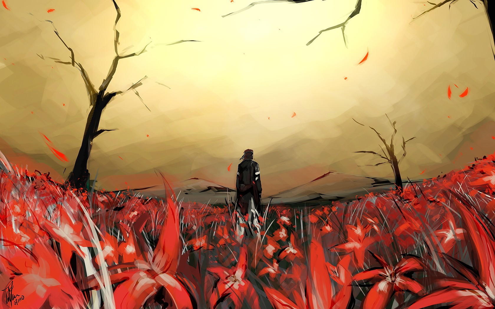 colin tan, big boss, naked snake, metal gear (series), metal gear solid, metal gear solid 3: snake eater, bad deviantart id, bad id, highres, 1boy, brown hair, field, flower, headband