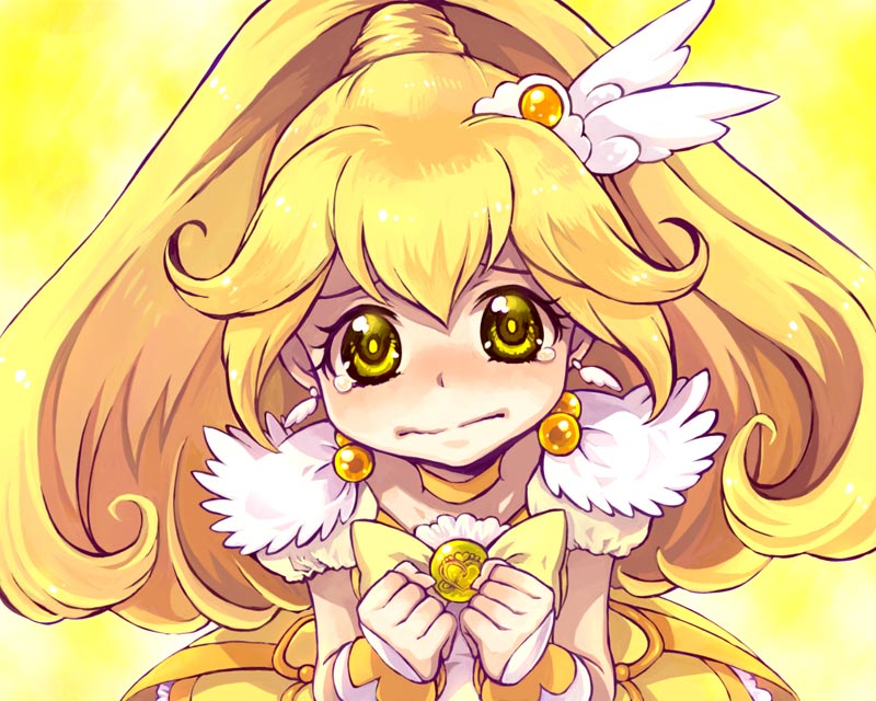 saikachi (ogre tree), cure peace, kise yayoi, precure, smile precure!, commentary request, 1girl, blonde hair, blush, bow, choker, hair between eyes, hair ornament, hands up, long hair, looking at viewer, magical girl, simple background, solo, tearing up, yellow background, yellow bow, yellow choker, yellow eyes