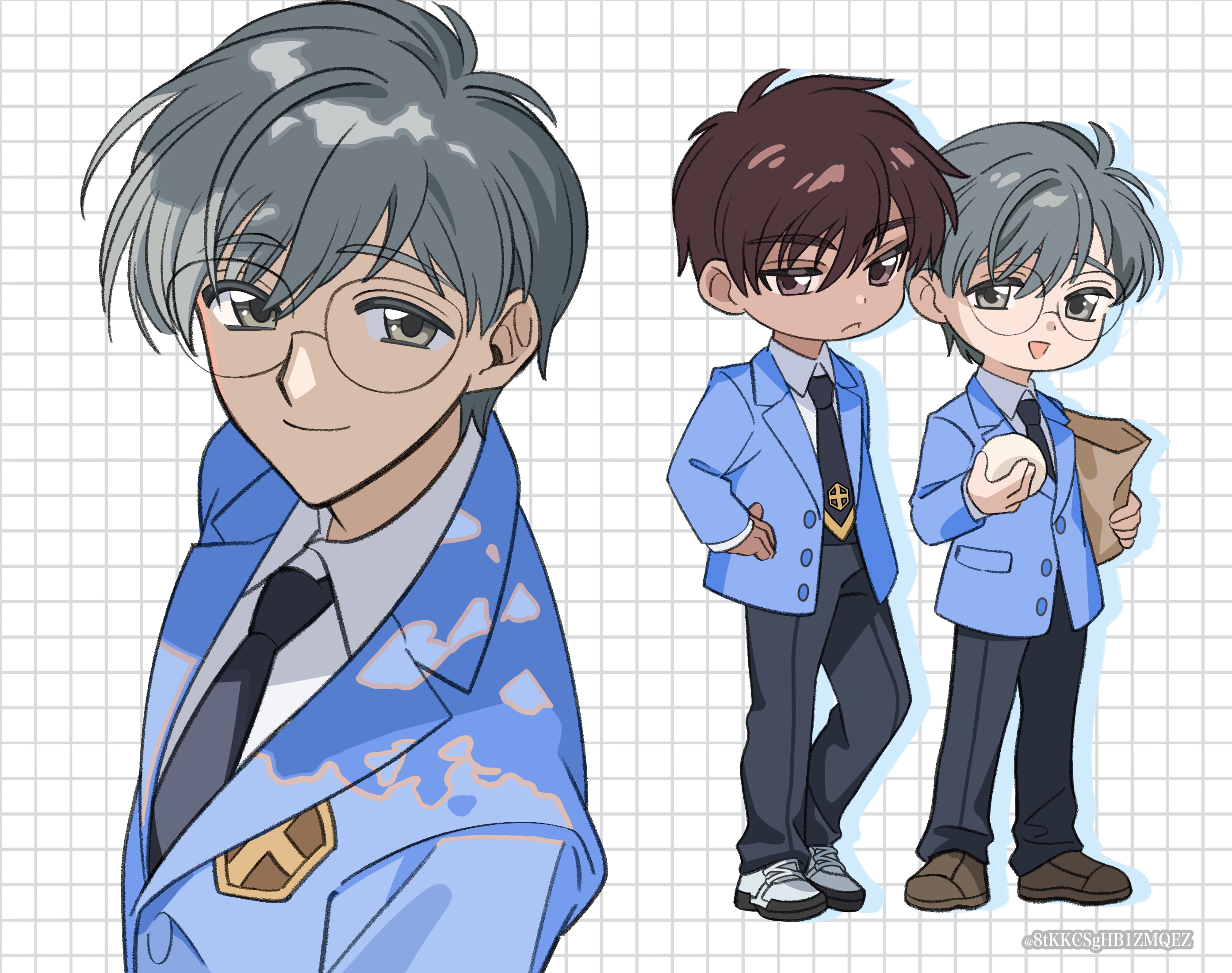 8tkkcsghb1zmqez, kinomoto touya, tsukishiro yukito, cardcaptor sakura, highres, 2boys, blue jacket, brown eyes, brown hair, chibi, collared shirt, food, glasses, grey hair, hand on own hip, holding, holding food, jacket, looking at viewer, multiple boys, school uniform, shirt, shoes, smile, sneakers, steamed bun, tomoeda high school uniform, twitter username, white shirt