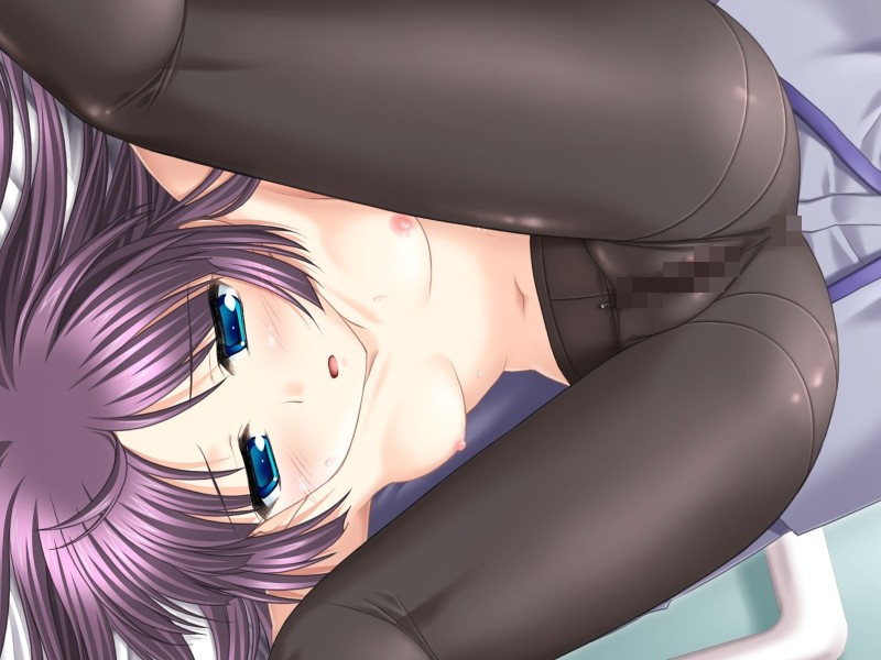 mizui kaou, kurosu tokiko, supacchu!, game cg, 1boy, 1girl, blue eyes, blush, breasts, censored, female focus, long hair, lying, mosaic censoring, nipples, pantyhose, purple hair, pussy, small breasts, solo, spread legs, topless female