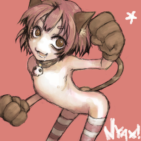 yakui, futaba channel, nijiura maids, bad id, bad pixiv id, lowres, animal ears, collar, crazy eyes, flat chest, kemonomimi mode, maid, nude, skull, smile, solo, striped clothes, striped thighhighs, tail, thighhighs