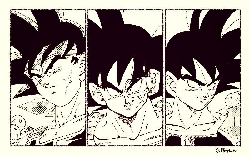 fenyon, bardock, dragon ball, dragon ball super, dragon ball super broly, dragonball z, 3boys, close-up, collarbone, medium hair, monochrome, multiple boys, multiple persona, scar, scar on face, spiked hair, twitter username