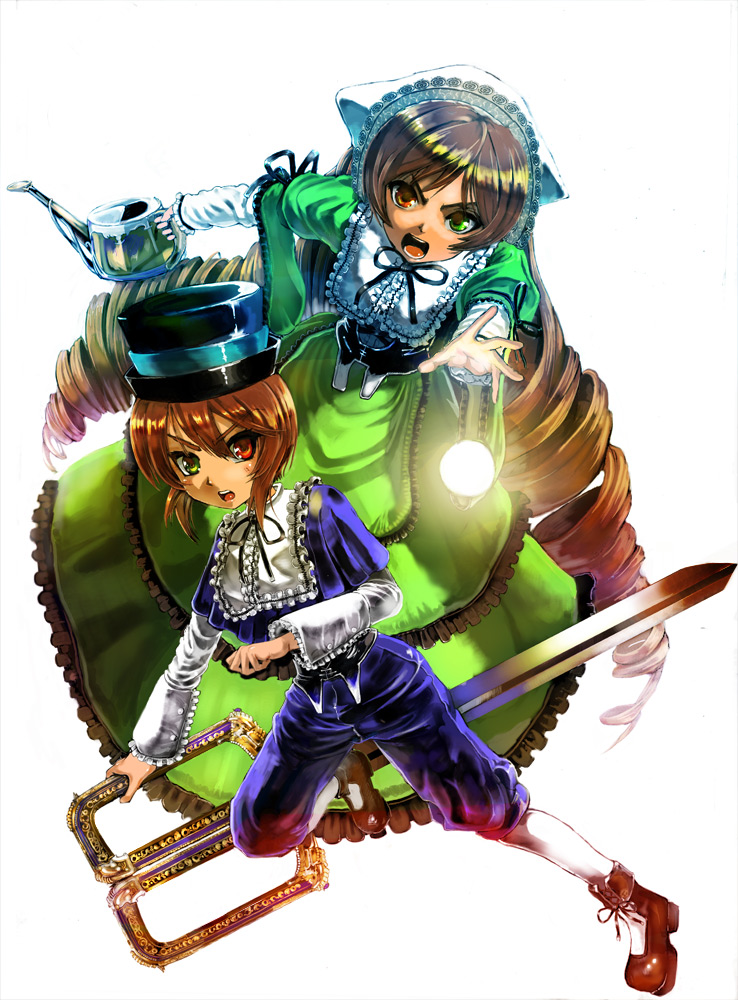 asuka shirou, souseiseki, suiseiseki, rozen maiden, 00s, 2girls, brown hair, dress, drill hair, frills, heterochromia, long hair, multiple girls, scissors, short hair, siblings, sisters, twins, very long hair, watering can