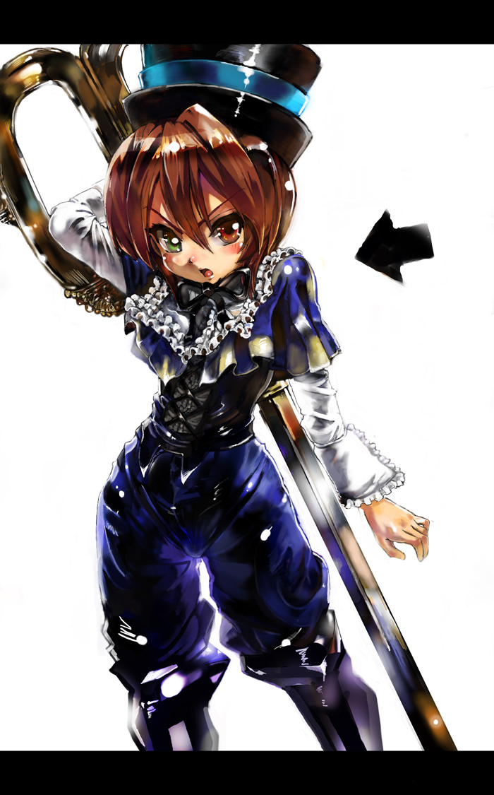 asuka shirou, souseiseki, rozen maiden, 00s, 1girl, arrow (symbol), blush, brown hair, female focus, frills, hat, heterochromia, letterboxed, open mouth, scissors, short hair, solo