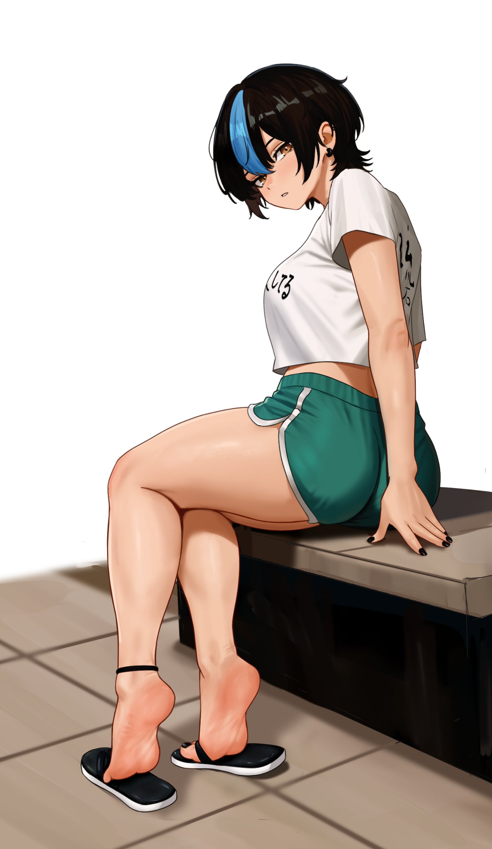 nihu, original, absurdres, commentary, english commentary, highres, 1girl, ankle strap, ass, bare legs, barefoot, black hair, black nails, blue hair, breasts, brown eyes, dolphin shorts, earrings, feet, flip-flops, green shorts, hair between eyes, hand on bench, jewelry, large breasts, legs, looking at viewer, looking back, nail polish, on bench, parted lips, sandals, shirt, short shorts, shorts, single hair streak, sitting, soles, solo, thighs, tiptoes, toenail polish, toenails, toes, white shirt