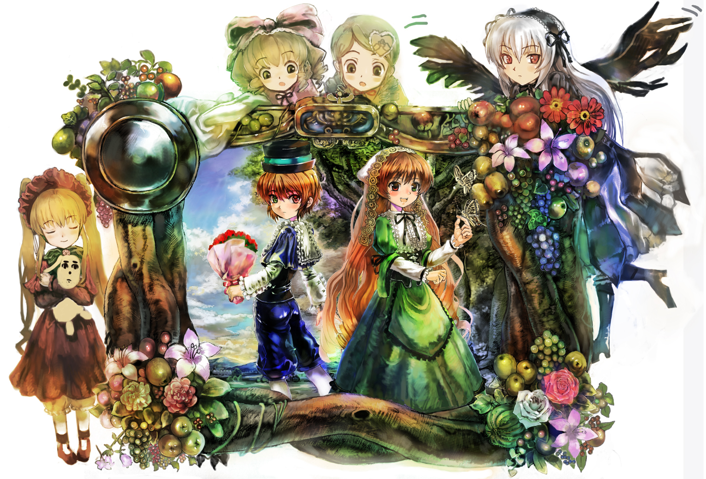 asuka shirou, hinaichigo, kanaria, shinku, souseiseki, suigintou, suiseiseki, rozen maiden, silver hair, 00s, 6+girls, blonde hair, bonnet, boots, bouquet, bow, brown hair, bug, butterfly, dress, drill hair, flower, food, frills, fruit, green eyes, green hair, hat, heterochromia, insect, long hair, multiple girls, purple eyes, short hair, siblings, sisters, stuffed animal, stuffed toy, thigh boots, thighhighs, twins, wings