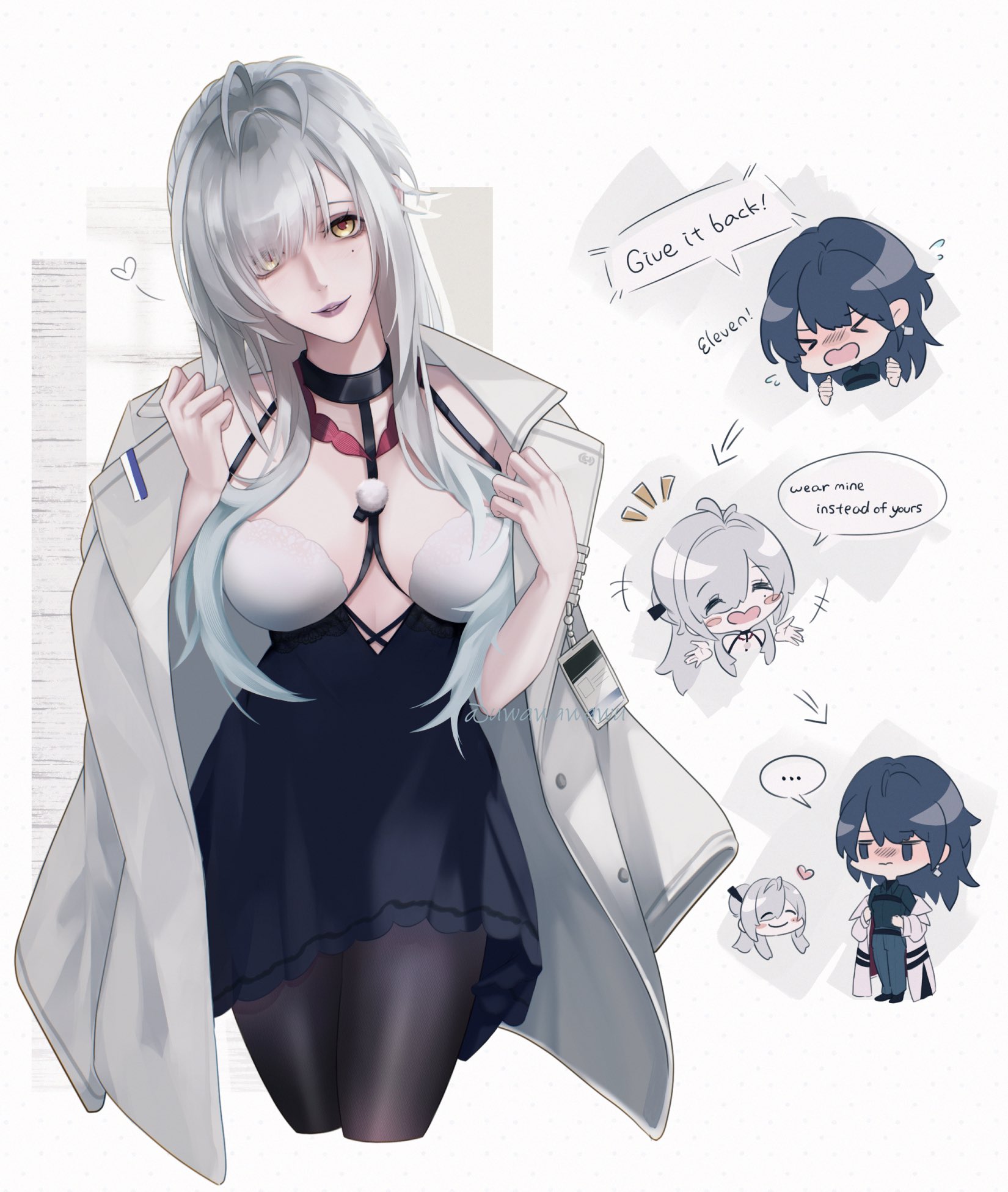 uwa (uwawawawu), chief (path to nowhere), eleven (path to nowhere), female chief (path to nowhere), path to nowhere, commentary, highres, symbol-only commentary, 2girls, ahoge, bare arms, black dress, black hair, black pantyhose, black shirt, borrowed clothes, breasts, chibi, chibi inset, coat, coat on shoulders, collarbone, collared shirt, cropped legs, dress, dress shirt, english text, formal clothes, grey coat, grey hair, grey lips, grey pants, hair over one eye, heart, id card, large breasts, linea alba, mole, mole under eye, multiple girls, pants, pantyhose, parted lips, shirt, signature, smile, solo focus, speech bubble, suit, two-tone dress, white dress, yellow eyes