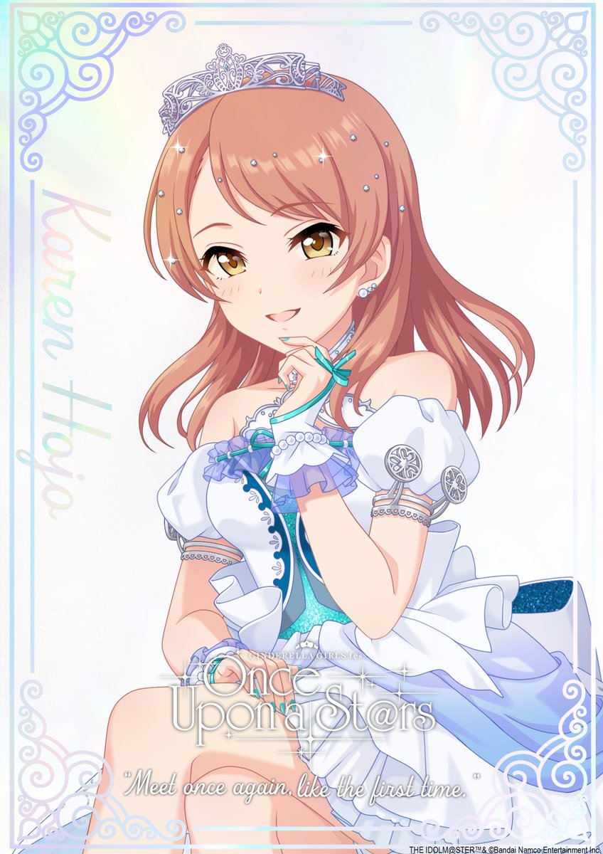 hojo karen, idolmaster, idolmaster cinderella girls, idolmaster cinderella girls starlight stage, official art, 1girl, armlet, crossed legs, dress, english text, fingerless gloves, gloves, hair ornament, idol clothes, jewelry, nail polish, open mouth, orange hair, solo, tiara, yellow eyes