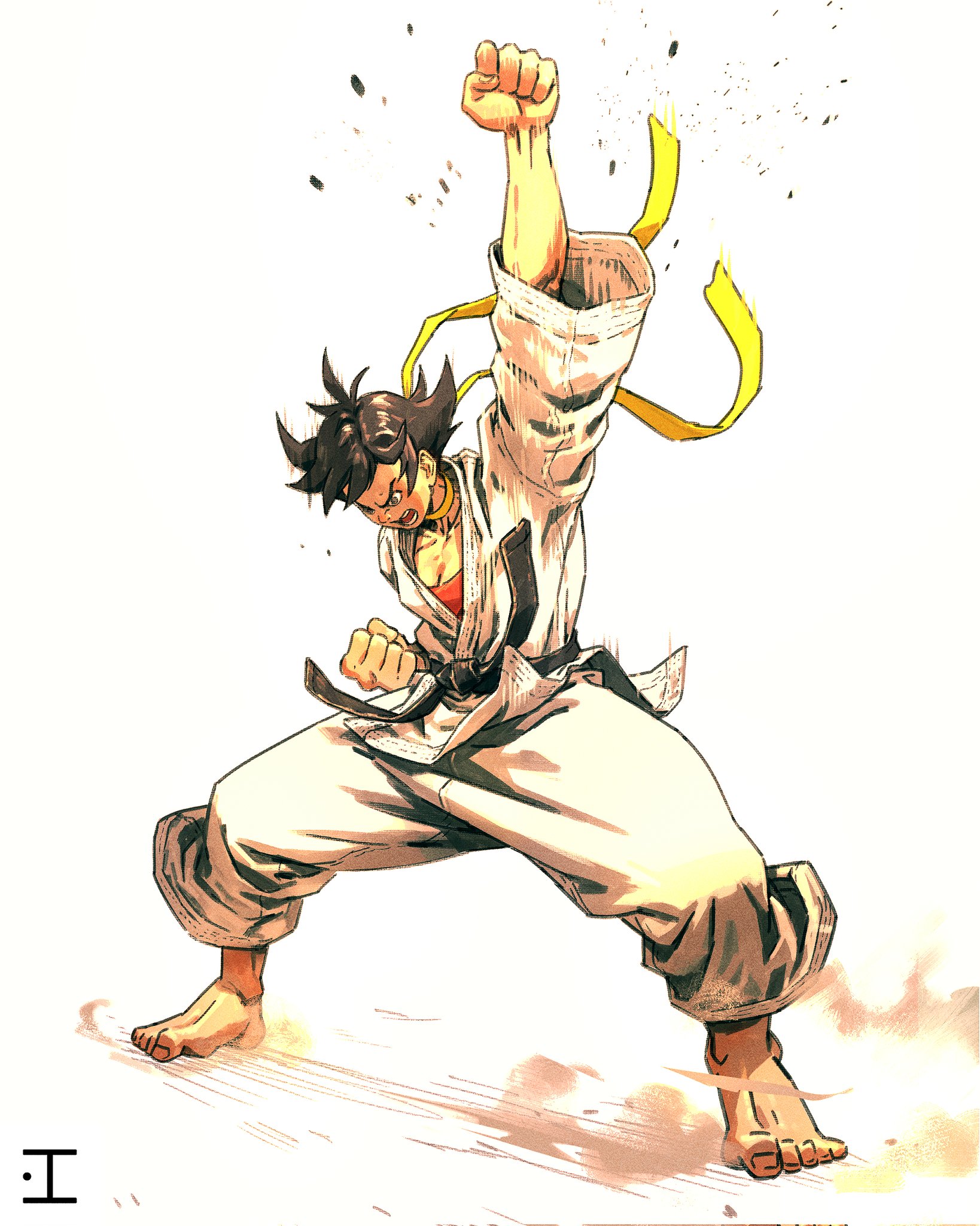 heyjay, makoto (street fighter), street fighter, street fighter iii (series), angry, arm up, barefoot, belt, black belt, black eyes, black hair, breasts, cleavage, clenched hand, dougi, fighting stance, karate gi, looking down, neck ribbon, ribbon, short hair, sports bra, tomboy, yellow ribbon