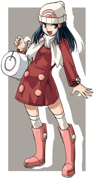 minarai zouhyou, dawn (pokemon), dawn (pokemon platinum), nintendo, pokemon, pokemon dppt, 00s, 1girl, alternate costume, bag, beanie, boots, coat, duffel bag, female focus, hat, open mouth, pink boots, scarf, smile, solo, standing, white scarf, winter clothes, winter coat