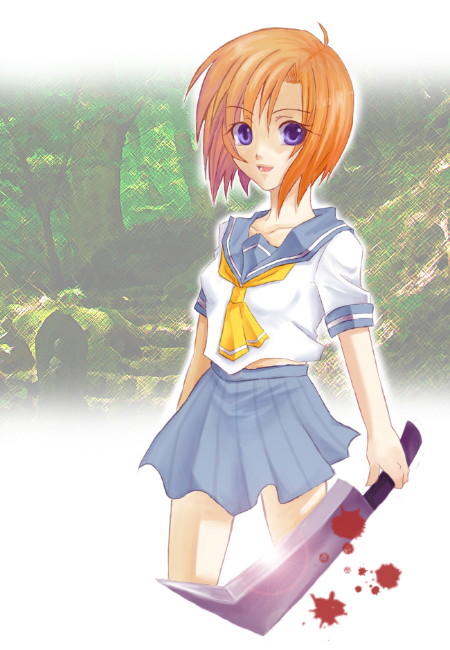 hasumi chigiri, kisuke (artist), ryuuguu rena, higurashi no naku koro ni, 00s, 1girl, billhook, blood, blue eyes, female focus, hashitsuki nata, hatchet, nata (tool), orange hair, school uniform, serafuku, short hair, skirt, solo