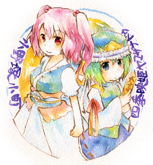 ketama no su, onozuka komachi, shiki eiki, touhou, bad id, bad pixiv id, 2girls, :d, blue dress, blue eyes, blush, dress, female focus, green hair, hat, holding, looking at viewer, mob cap, multiple girls, obi, open mouth, puffy short sleeves, puffy sleeves, red eyes, rod of remorse, sash, short sleeves, smile, twintails, two side up, underbust