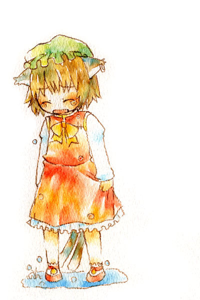 ketama no su, chen, touhou, bad id, bad pixiv id, 1girl, animal ears, bow, bowtie, brown hair, cat ears, cat girl, crying, dress, female focus, full body, hat, loafers, long sleeves, mob cap, red dress, shoes, short hair, simple background, solo, standing, tears, white background, yellow bow, yellow bowtie
