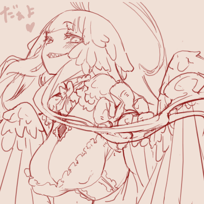 solopipb, louhi (fate), louhi (third ascension) (fate), fate/grand order, fate (series), lowres, 1girl, ahoge, blush, breasts, cleavage, covered erect nipples, feathered wings, grin, harpy, huge ahoge, jewelry, large breasts, long hair, looking at viewer, monochrome, monster girl, necklace, sharp teeth, sidelocks, smile, solo, teeth, winged arms, wings