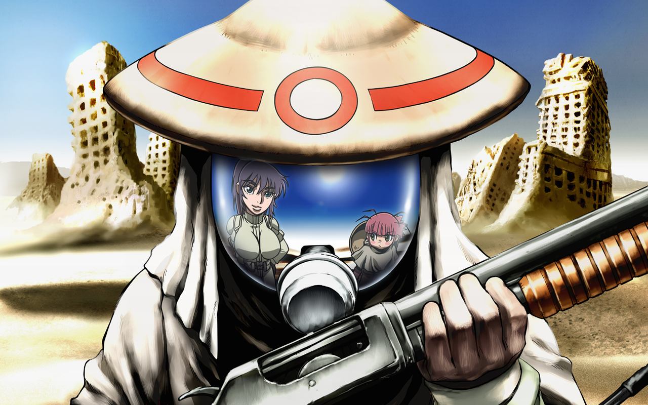 asagiri junko, kosuna, mizuno kanta, sunabouzu, official art, 1boy, 2girls, breasts, desert, gun, hat, large breasts, mask, multiple girls, outdoors, punk, reflection, ruins, sand, shotgun, weapon