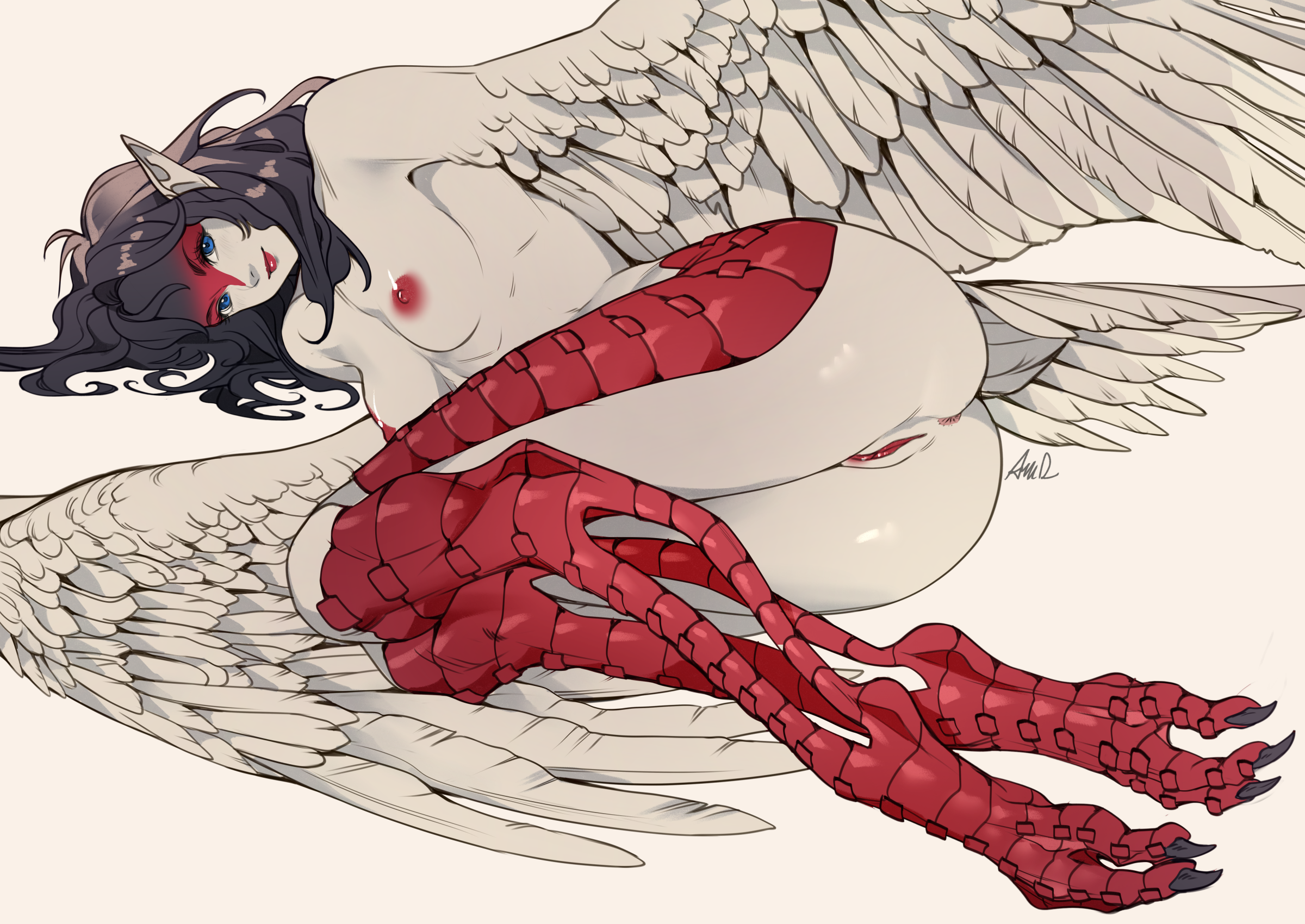 original, highres, 1girl, amadenchart, anus, artist name, ass, bird legs, bird tail, black hair, blue eyes, breasts, feathered wings, grey feathers, grey wings, harpy, long hair, looking at viewer, lying, monster girl, nipples, nude, on side, pussy, red lips, simple background, small breasts, tail, talons, uncensored, white background, winged arms, wings