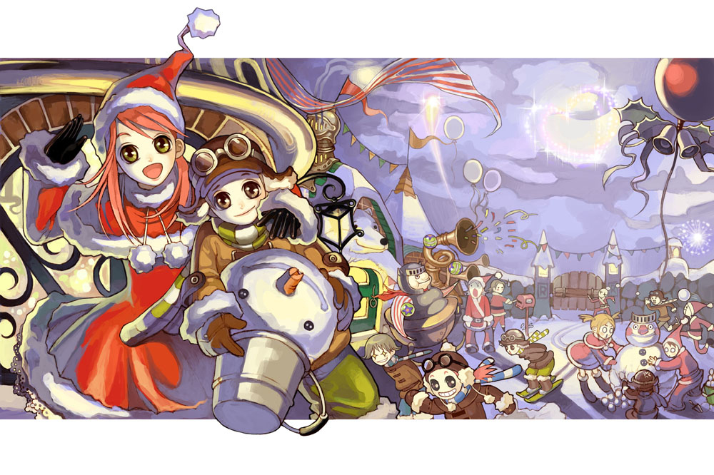 asgard, nexon, artist request, character request, official art, second-party source, ankle boots, arms behind back, balloon, bear, bell, belt, belt buckle, black belt, black boots, black shoes, blonde hair, blue scarf, blue sky, boots, brown boots, brown gloves, brown hair, brown hat, brown jacket, brown sleeves, bucket, buckle, capelet, carrot, christmas, closed mouth, door, dress, earmuffs, fireworks, flag, fur-trimmed boots, fur-trimmed capelet, fur-trimmed dress, fur-trimmed headwear, fur-trimmed jacket, fur-trimmed pants, fur-trimmed sleeves, fur trim, gate, gloves, goggles, green eyes, green pants, green scarf, grey eyes, grey pants, hair ornament, hat, heart, helm, helmet, impasto, instrument, jacket, lace-trimmed petticoat, legs apart, letterboxed, long hair, mailbox (incoming mail), night, open mouth, pants, pennant, petticoat, pink hair, polar bear, pom pom (clothes), pom pom hair ornament, red capelet, red dress, red hat, red jacket, red sleeves, running, santa costume, santa dress, santa hat, scarf, shoes, short twintails, skiing, skis, sky, snowball, snowman, sousaphone, standing, twintails, two-tone scarf, white scarf