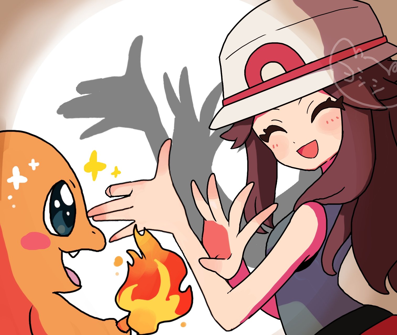 yoshishi (yosisitoho), charmander, leaf (pokemon), nintendo, pokemon, pokemon frlg, highres, 1girl, :d, black eyes, blue shirt, brown hair, bucket hat, closed eyes, fang, fire, gen 1 pokemon, hat, long hair, looking at another, open mouth, pokemon (creature), porkpie hat, shadow puppet, shirt, simple background, sleeveless, sleeveless shirt, smile, sparkle, upper body, white background, white hat