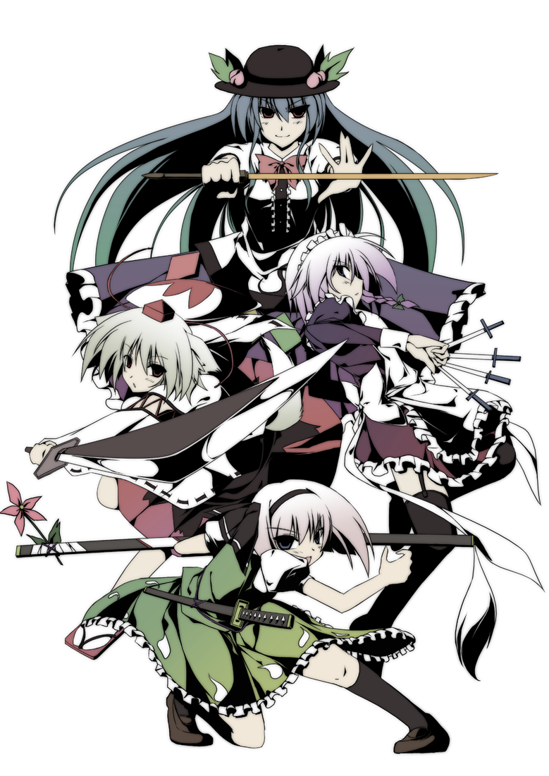 sakurame, hinanawi tenshi, inubashiri momiji, izayoi sakuya, konpaku youmu, touhou, bad id, bad pixiv id, 4girls, between fingers, blue hair, female focus, hat, holding, katana, knife, maid, multiple girls, purple hair, ribbon, skirt, socks, sword, sword of hisou, thighhighs, throwing knife, weapon, white hair, zettai ryouiki