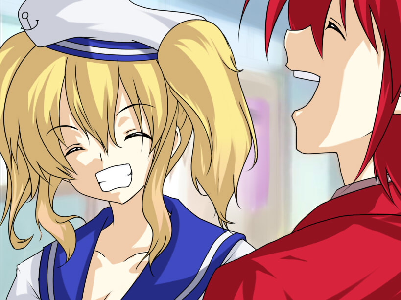 kitashirakawa chiyuri, okazaki tomoya, okazaki yumemi, sunohara youhei, clannad, phantasmagoria of dim.dream, touhou, touhou (pc-98), 2girls, blonde hair, blue sailor collar, closed eyes, female focus, happy, hat, laughing, multiple girls, name connection, parody, red hair, sailor, sailor collar, sailor hat, twintails