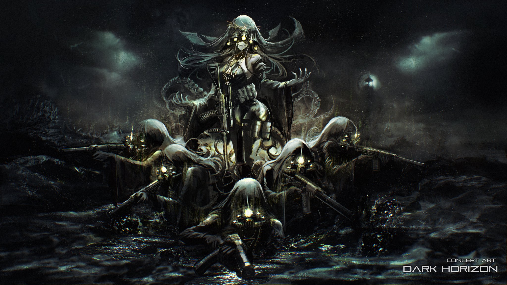 arktic, original, highres, 1girl, 5others, as val, assault rifle, beacon, closed mouth, english text, gun, holding, holding gun, holding weapon, jewelry, kalashnikov rifle, long hair, multiple others, necklace, night vision device, partially submerged, pouch, rifle, smile, tentacles, water, weapon