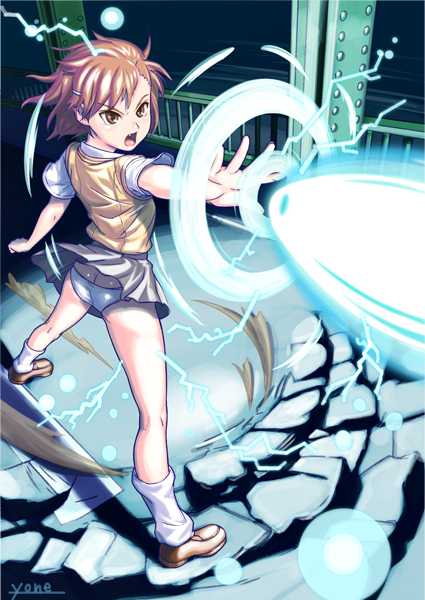 yonezawa mao, misaka mikoto, toaru majutsu no index, psychic, bad id, bad pixiv id, 00s, 1girl, action, ass, attack, aura, brown eyes, brown hair, butt crack, clothes lift, damaged, destruction, dust, electricity, electrokinesis, energy, energy beam, fantasy, female focus, firing, glowing, hair ornament, hairclip, night, outdoors, panties, pantyshot, road, school uniform, science fiction, short hair, skirt, skirt lift, solo, standing, tokiwadai school uniform, underwear, upskirt, wind, wind lift