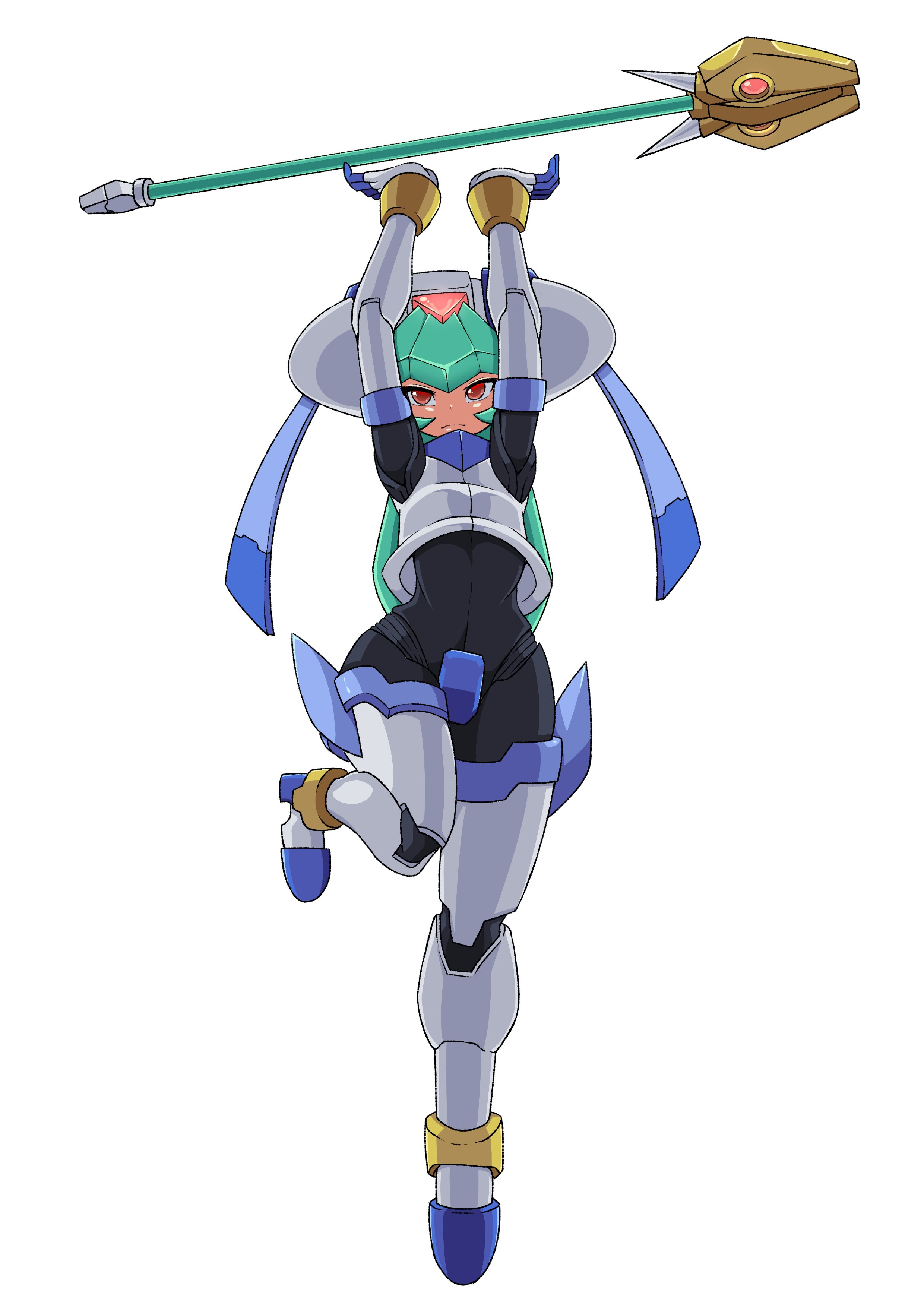 godichi, model w (mega man), pandora (mega man), mega man (series), mega man zx, absurdres, highres, 1girl, armor, arms up, crotch plate, forehead jewel, full body, green hair, helmet, long hair, red eyes, simple background, solo, staff, white armor, white background, white helmet