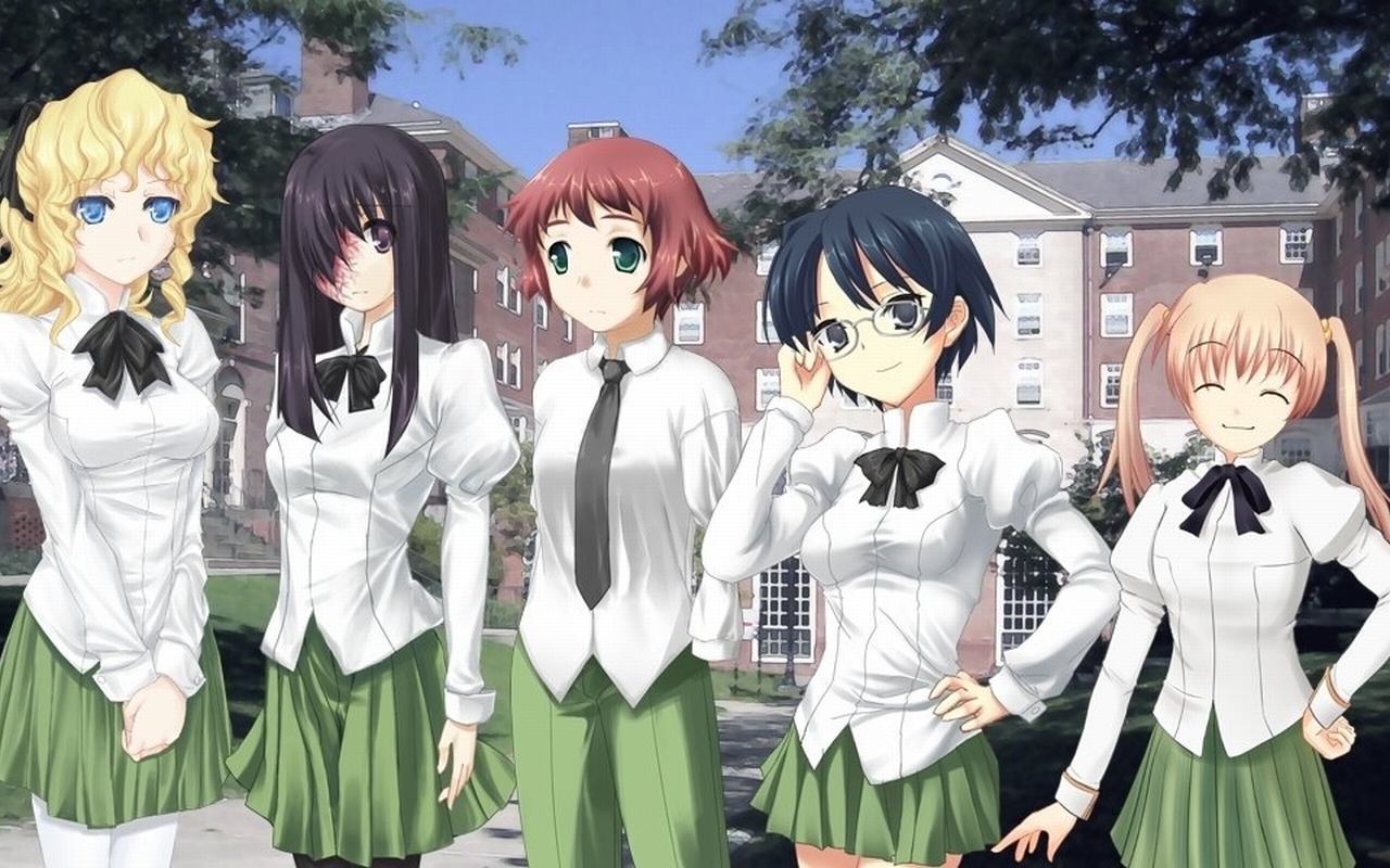 hakamichi shizune, ibarazaki emi, ikezawa hanako, satou lilly, tezuka rin, katawa shoujo, black legwear, 10s, 5girls, androgynous, blind, blonde hair, blue eyes, blue hair, bow, bowtie, brown hair, closed eyes, glasses, green eyes, happy, long hair, multiple girls, necktie, pantyhose, ponytail, purple eyes, purple hair, reverse trap, ribbon, scar, school uniform, short hair, smile, thighhighs, twintails, zettai ryouiki