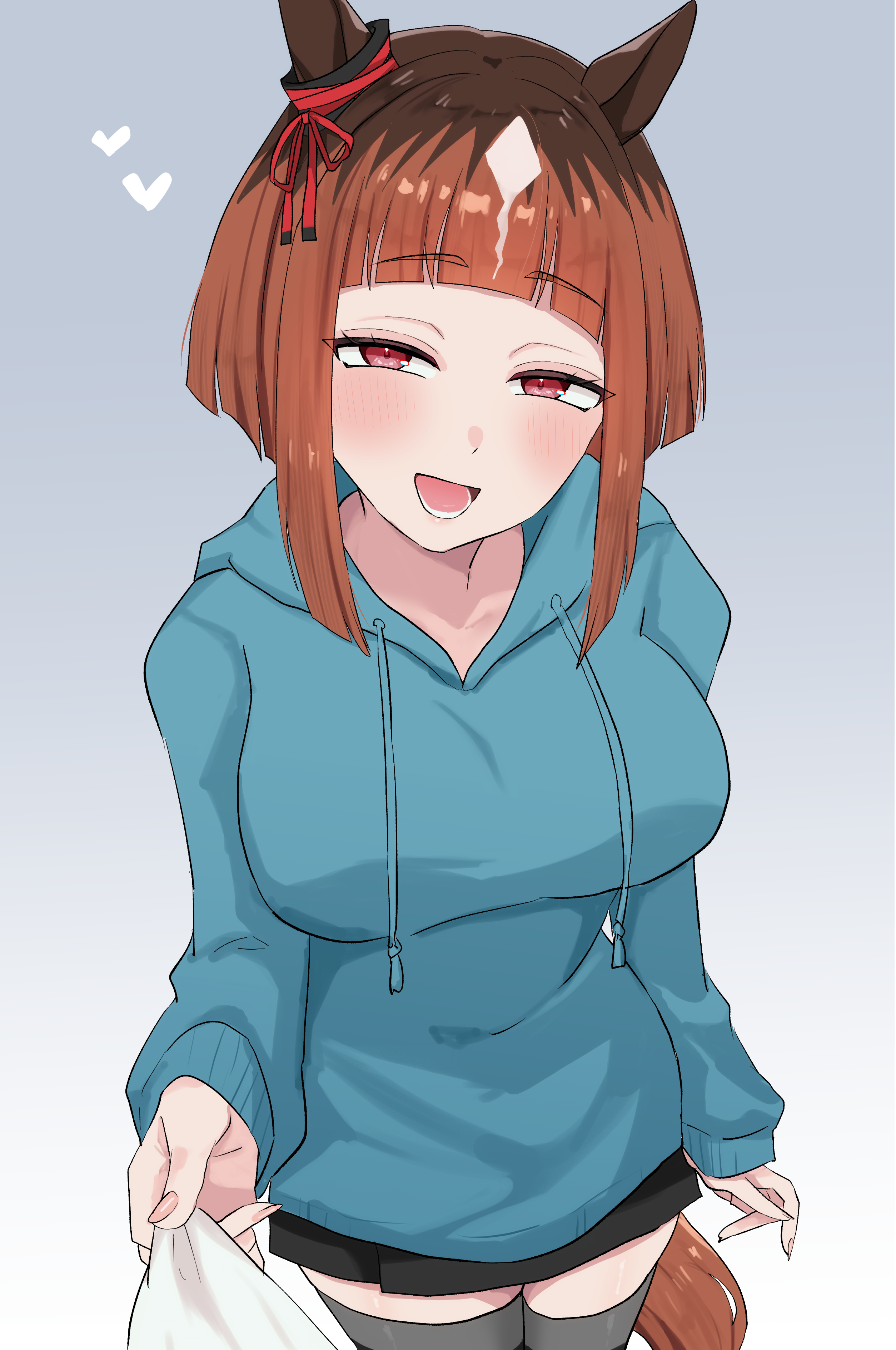 nitsutomeo shinobu, transcend (umamusume), umamusume, absurdres, commentary request, highres, 1girl, 1other, :d, animal ears, black thighhighs, blue hoodie, blush, bow, breasts, brown hair, ear ribbon, gradient background, grey background, heart, hood, hood down, hoodie, horse ears, horse girl, horse tail, large breasts, looking at viewer, medium hair, open mouth, red eyes, red ribbon, ribbon, smile, solo focus, tail, thighhighs, white background, zettai ryouiki
