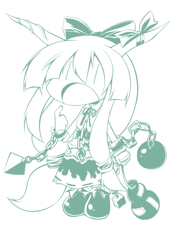 uccow, ibuki suika, touhou, bad id, bad pixiv id, 1girl, chibi, female focus, full body, monochrome, open mouth, simple background, solo, white background, | |