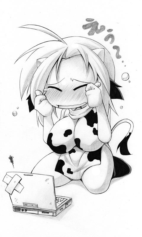 uccow, bad id, bad pixiv id, 1girl, animal ears, animal print, breasts, chibi, computer, computer keyboard, cow ears, cow girl, cow print, cow tail, crying, female focus, greyscale, huge breasts, laptop, monochrome, solo, tail