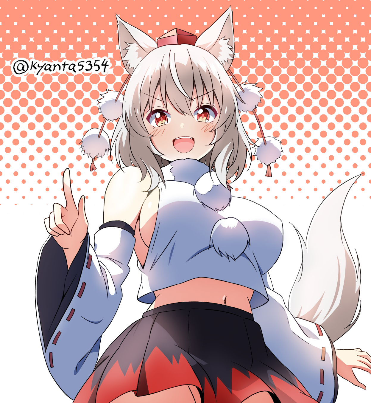 kyanta5354, inubashiri momiji, touhou, highres, 1girl, animal ears, bare shoulders, blush, breasts, detached sleeves, hat, large breasts, looking at viewer, looking down, midriff, navel, open mouth, pom pom (clothes), red eyes, red hat, ribbon-trimmed sleeves, ribbon trim, shirt, short hair, sideboob, skirt, solo, tail, tokin hat, white hair, wolf ears, wolf girl, wolf tail
