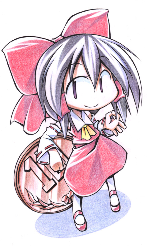 uccow, hakurei reimu, touhou, bad id, bad pixiv id, 1girl, chibi, coin, female focus, full body, solo, white background